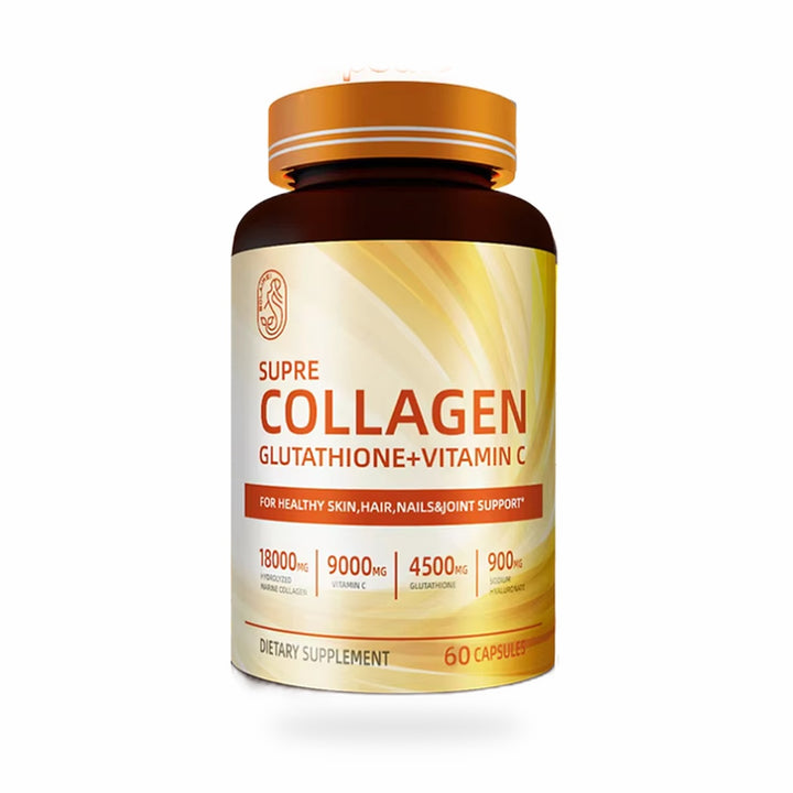 An amber bottle of Supre Collagen + Glutathione + Vitamin C capsules, 60 count, shown front-facing on a white background