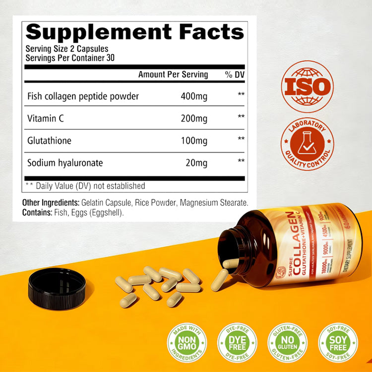Close-up of the Supplement Facts panel for Supre Collagen + Glutathione + Vitamin C capsules, with an open bottle and beige capsules beside it on a light background